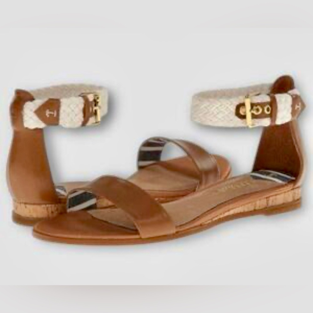 Sperry Tan Leather Ankle Strap Sandals with Cream Woven Accent